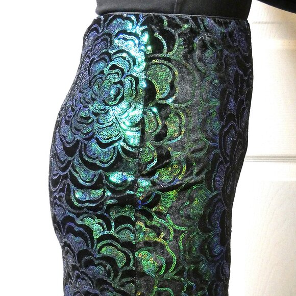 Mini Pencil Skirt Black Green Size XS Sequins Flower H&M Party Unique Vintage - Picture 5 of 9